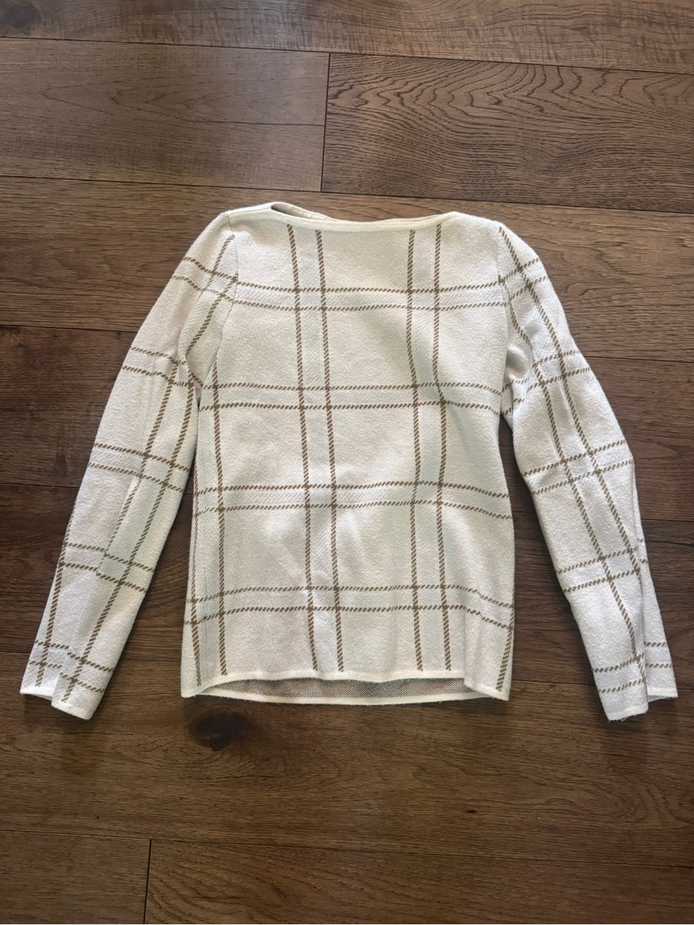Ann Taylor Cream Sweater with Tan Windowpane Plaid